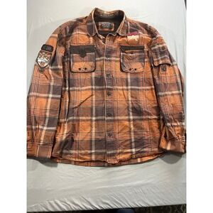 Parish Nation Mens 3XL Plaid Flannel Button Down Shirt Mountain Patches Brown